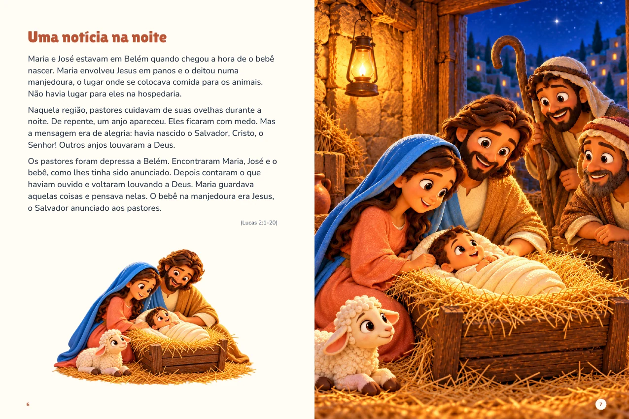 Páginas do encontro Uma notícia na noite, com a história do nascimento de Jesus e sua ilustração.
